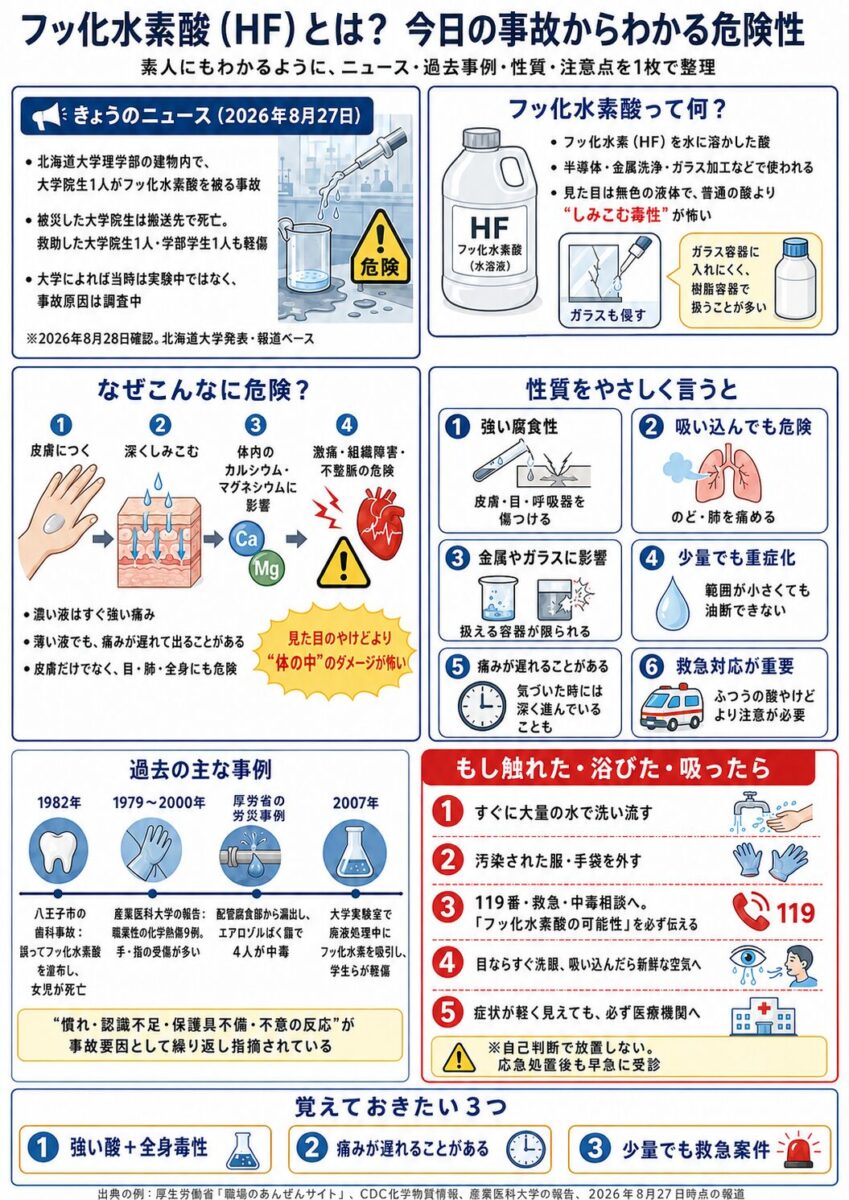 フッ化水素酸の性質、危険性、過去事故、応急対応をまとめたインフォグラフィック