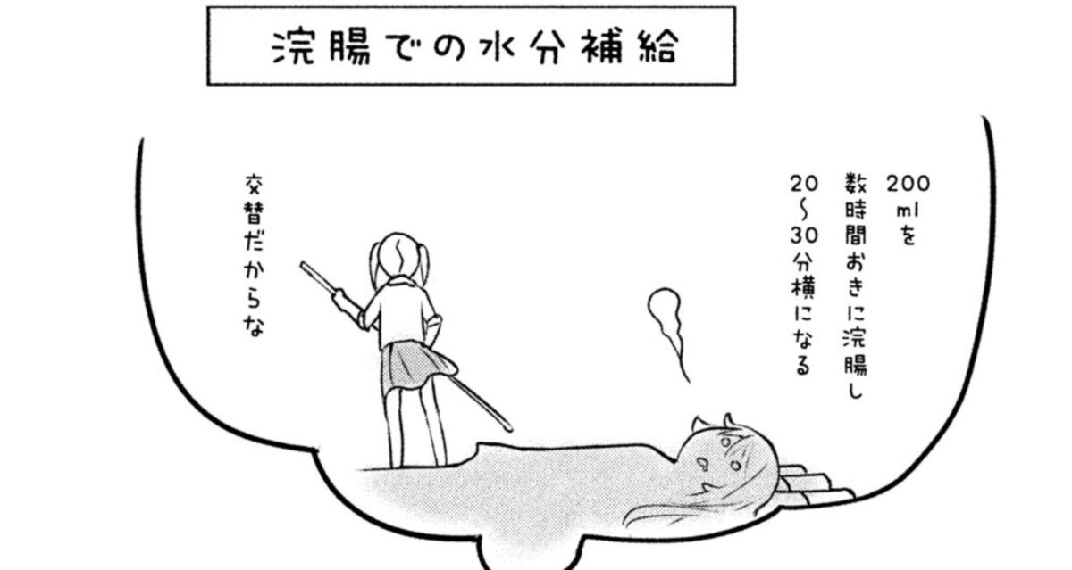 作中の浣腸による水分補給手順の説明
